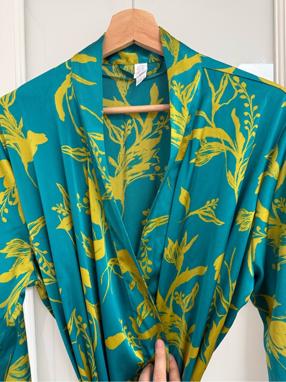 Satin-Like Teal Floral Wrap Robe - Picture 2 of 3